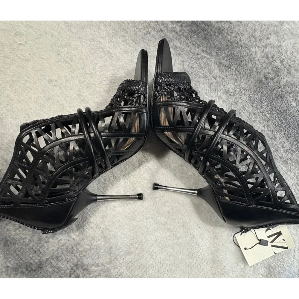Zara Black Cage Cutout Woven Geometric Stiletto Heel Sandals 38 7.5 NEW - Picture 9 of 14